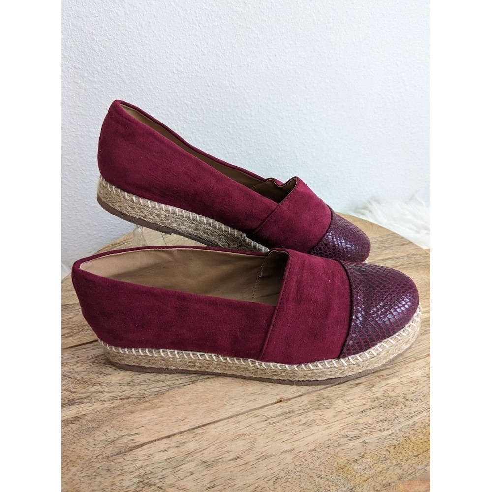 Womens‎ Burgundy 7 Faux Suede Snake Embossed Cap Toe Espadrille Flats Slip New